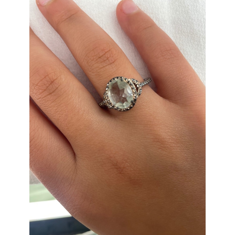 Green Amethyst Prasiolite Oval Halo Ring Silver Tone Size 8 Vintage Style